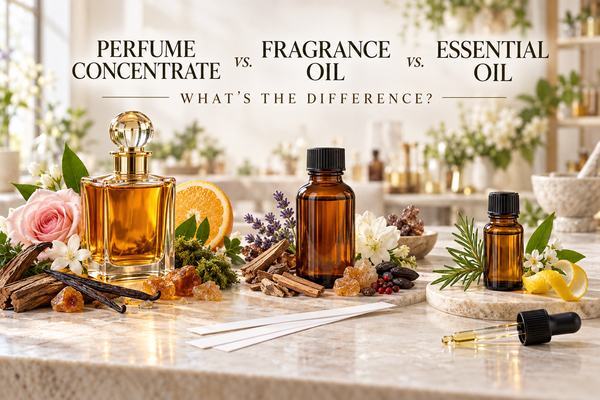 Perfume Concentrate vs. Fragrance Oil vs. Essential Oil: a refined amber concentrate bottle, botanical essential-oil bottle and perfumer’s fragrance materials on a bright artisan worktable.