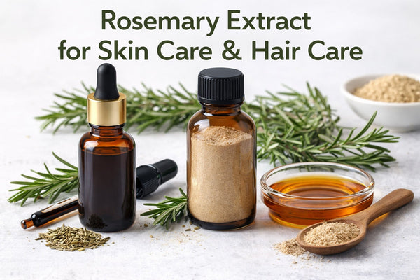 Rosemary extract for skin care and hair care showing oil, extract powder, and botanical ingredients