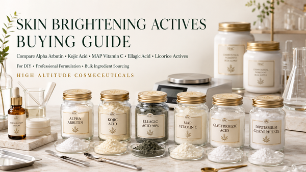 Skin brightening actives buying guide comparing Alpha Arbutin, Kojic Acid, Ellagic Acid 98%, MAP Vitamin C and licorice-derived cosmetic ingredients