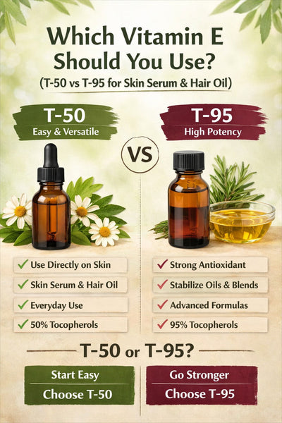 T-50 vs T-95 Vitamin E comparison showing antioxidant skin serum use and hair oil benefits