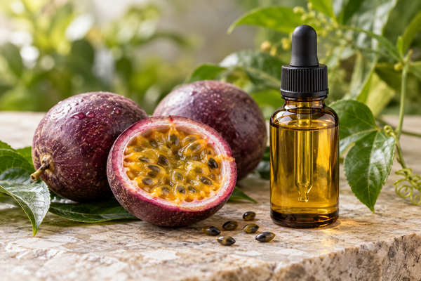 Virgin passion fruit seed oil with fresh passion fruit and seeds for skin and hair care