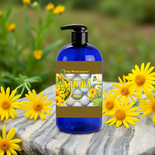 Blue bottle labeled 'Arnica' surrounded by yellow flowers on a natural background