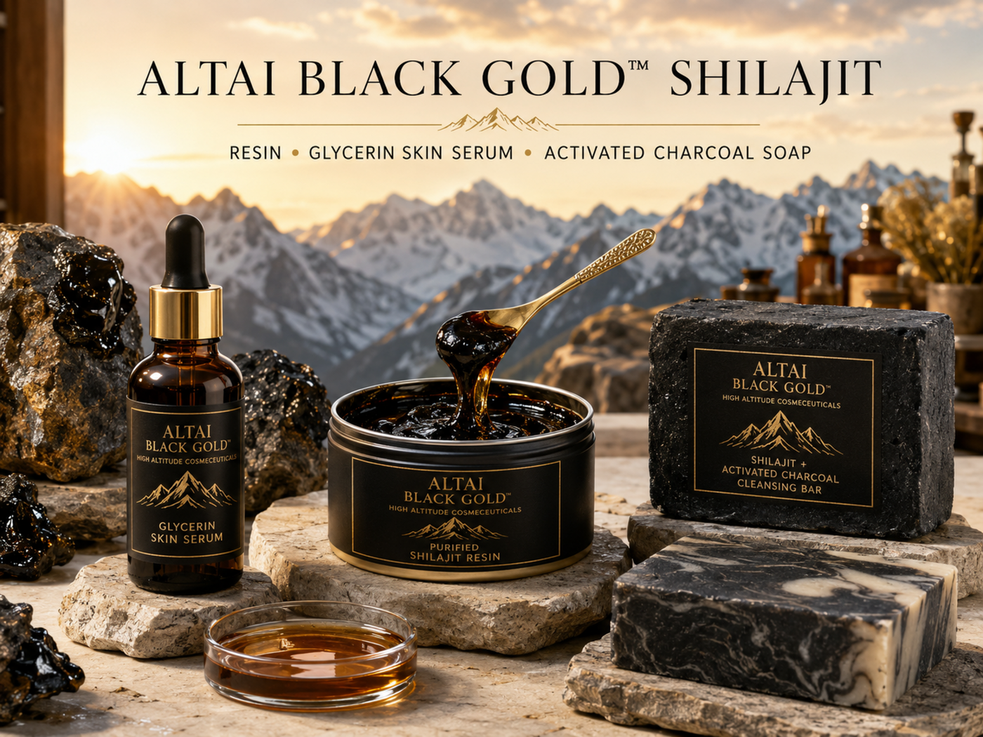 Altai Black Gold™ Cosmetic Shilajit Resin, Skin Serum & Charcoal Soap