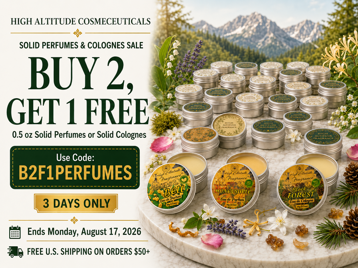 High Altitude Cosmeceuticals solid perfume and cologne sale. Buy two 0.5 oz products and get one free with code B2F1PERFUMES.