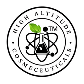 A circular black and white logo featuring a flask with green leaves and the text 'HIGH ALTITUDE COSMECEUTICALS' on a plain white background.