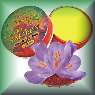 KASHMIRI SAFFRON Perfume — Eau de Parfum • Solid Balm • Aromatherapy Essential Oils (Crocus sativus, Tangerine, Lily, Vetiver, Benzoin, Hay) — Natural Fragrance