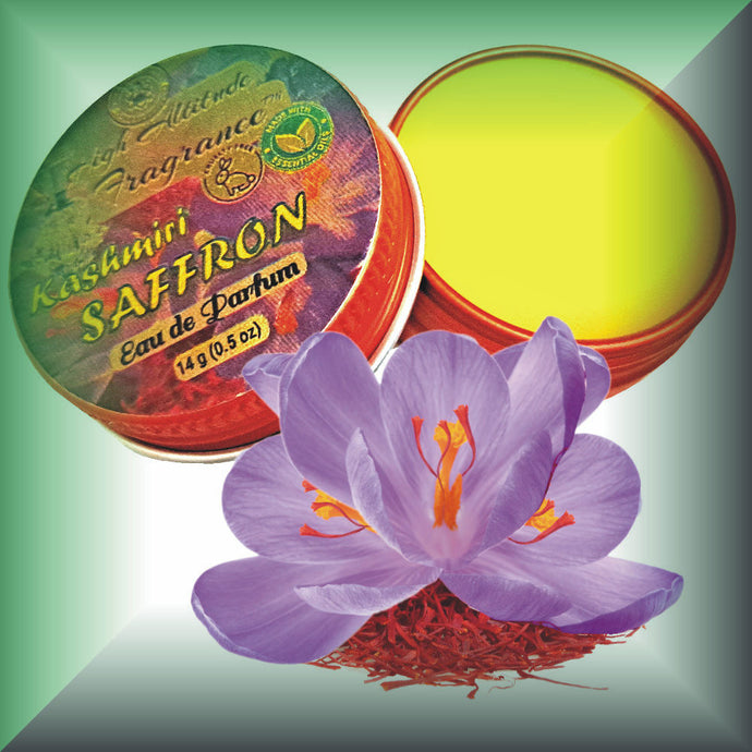 KASHMIRI SAFFRON Perfume — Eau de Parfum • Solid Balm • Aromatherapy Essential Oils (Crocus sativus, Tangerine, Lily, Vetiver, Benzoin, Hay) — Natural Fragrance