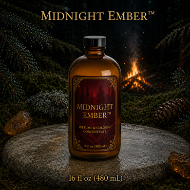 Midnight Ember™ perfume and cologne concentrate in an amber glass bottle with burgundy label beside a campfire in a dark evergreen forest -  16 fl oz 