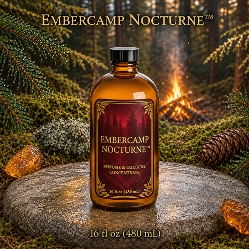 Midnight Ember™ perfume and cologne concentrate in an amber glass bottle with burgundy label beside a campfire in a dark evergreen forest -  16 fl oz 