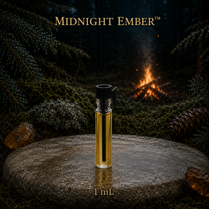 Midnight Ember™ perfume and cologne concentrate in an amber glass bottle with burgundy label beside a campfire in a dark evergreen forest -  1 ml vial