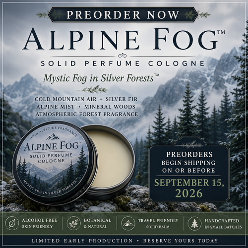 Alpine Fog solid perfume cologne preorder image featuring cold mountain air, silver fir forests, alpine mist, mineral woods, and atmospheric evergreen fragrance inspired by misty alpine wilderness