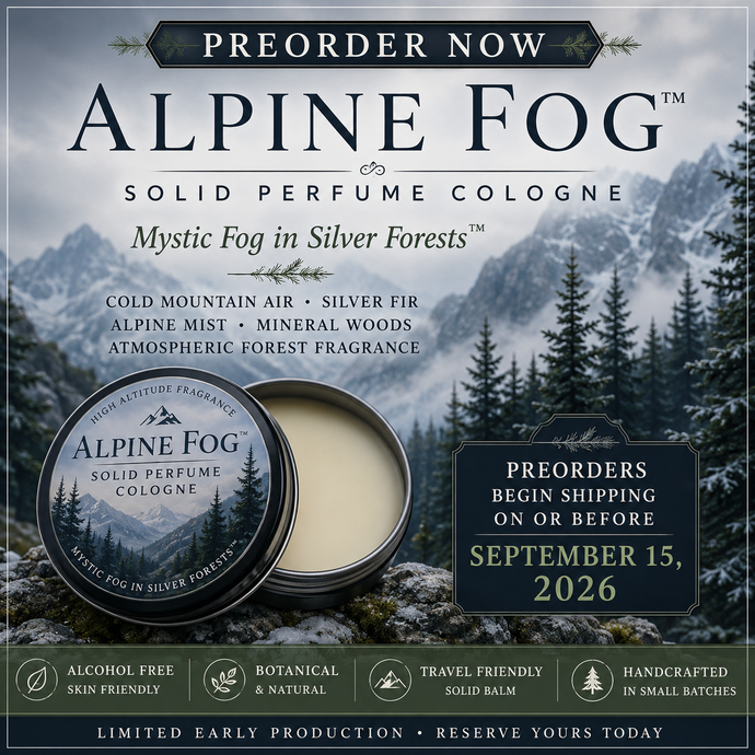 Alpine Fog solid perfume cologne preorder image featuring cold mountain air, silver fir forests, alpine mist, mineral woods, and atmospheric evergreen fragrance inspired by misty alpine wilderness