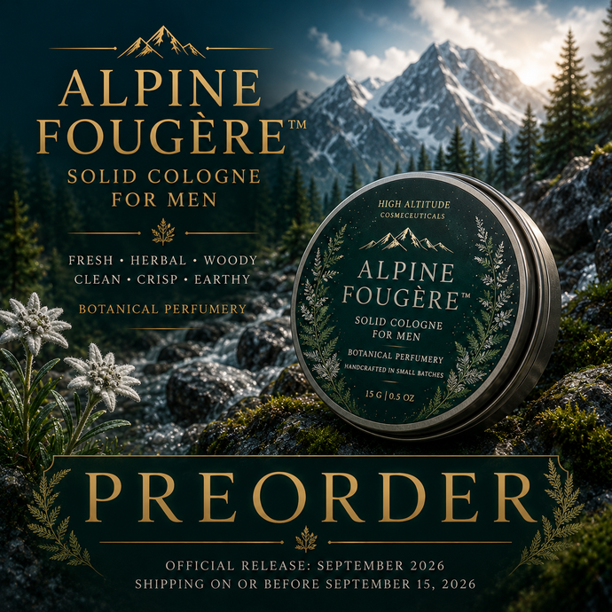 Alpine Fougere solid cologne for men by High Altitude Fragrance with fresh mountain air, evergreen woods, cedarwood, herbs and alpine botanical fragrance