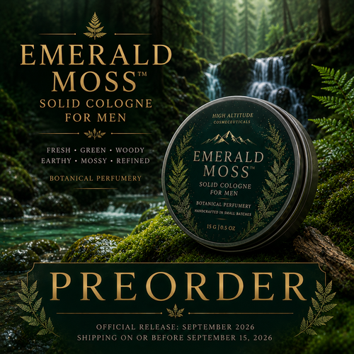 Emerald Moss preorder cover image featuring a luxury mossy forest solid cologne for men surrounded by emerald greenery, wet moss-covered stones, woodland waterfalls, evergreen forest atmosphere, and refined botanical wilderness scenery