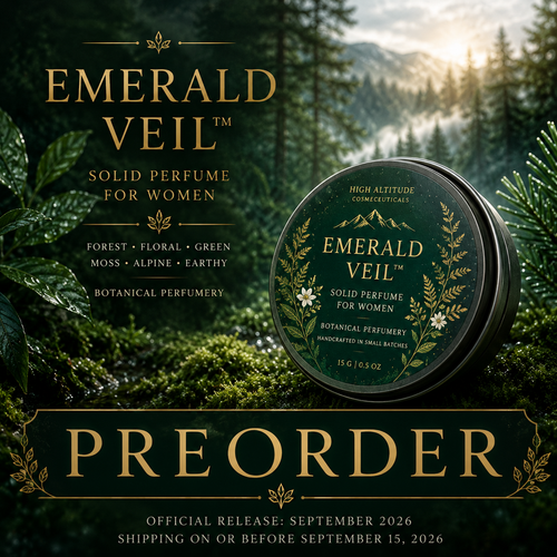Emerald Veil preorder cover image featuring a luxury mossy green floral solid perfume for women surrounded by luminous emerald forest scenery, botanical greenery, alpine atmosphere, and enchanted woodland mood