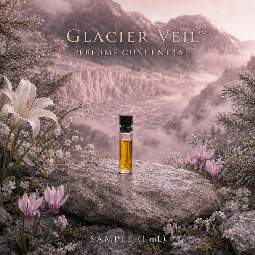 Glacier Veil perfume concentrate 1 mL scent evaluation sample with cyclamen, white lily, muguet and dusty-pink alpine glacier scenery