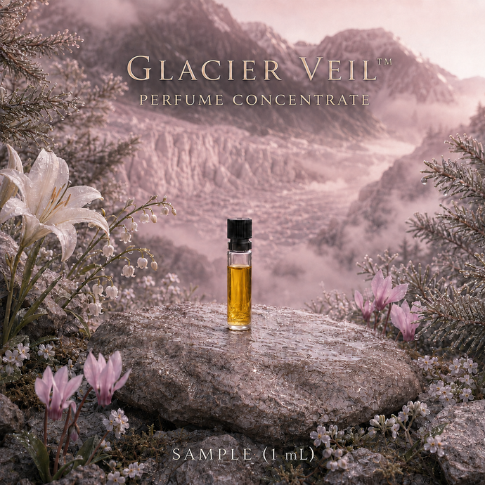 Glacier Veil perfume concentrate 1 mL scent evaluation sample with cyclamen, white lily, muguet and dusty-pink alpine glacier scenery