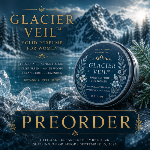 Glacier Veil preorder cover image featuring a luxury alpine floral solid perfume for women surrounded by icy mountain scenery, frozen forest air, crystalline water, white woods, and luminous botanical atmosphere