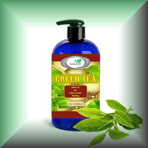 Green Tea Seed Oil for Face, Skin, Hair & Massage - Virgin, in a 16 fl oz bottle with pump dispenser.
