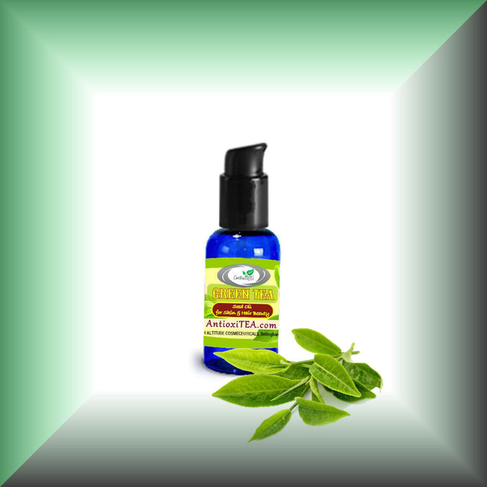 Green Tea Seed Oil for Face, Skin, Hair & Massage - Virgin, in 1 fl oz bottle with pump dispenser.