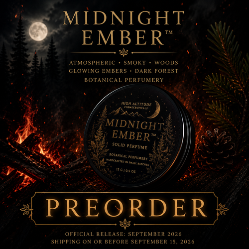 Midnight Ember preorder cover image featuring a luxury atmospheric winter forest solid perfume with glowing embers, dark evergreen woods, smoky botanical atmosphere, and cinematic nighttime forest mood