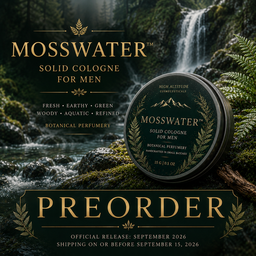 Mosswater preorder cover image featuring a luxury mossy aquatic solid cologne for men surrounded by forest waterfalls, wet moss-covered rocks, evergreen woods, flowing water, and atmospheric woodland scenery