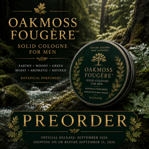 Oakmoss Fougère preorder cover image featuring a luxury mossy woodland solid cologne for men surrounded by deep forest greenery, flowing woodland streams, oakmoss-covered woods, earthy botanical atmosphere, and refined nature-inspired scenery