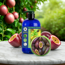 Virgin Passion Fruit Seed Oil (Maracuja Oil) for Face, Skin & Hair – Cold-Pressed in a 16 fl oz bottle with passion fruit natural trees growing on the background and some cut-up passion fruits with seeds surrounding the bottle of passion fruit oil.