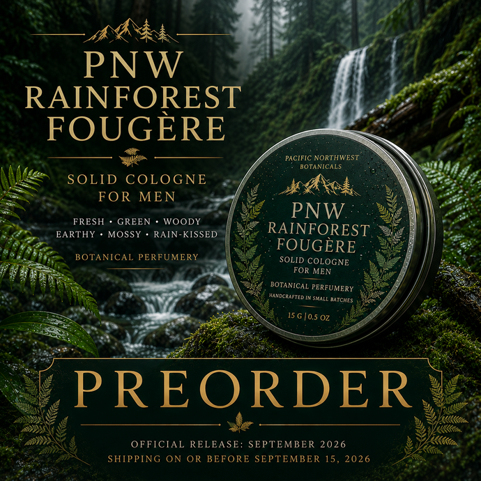 PNW Rainforest Fougere solid cologne for men by High Altitude Fragrance with evergreen forest, wet cedar, moss, rain-kissed woods and Pacific Northwest botanical atmosphere