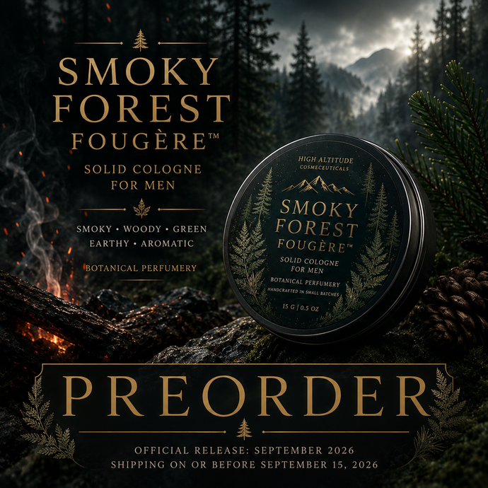 Smoky Forest Fougere solid cologne for men by High Altitude Fragrance with smoky evergreen woods, cedar, campfire forest and aromatic botanical fragrance