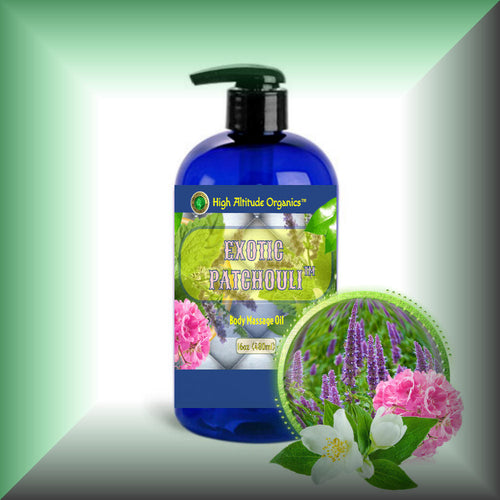 Exotic Patchouli™ Body Massage Oil for Skin & Relaxation in a 16 fl oz bottle with pump dispenser.