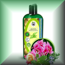 Geranium Potluck Body Massage Oil – Rose, Geranium & Citrus in a 8 fl oz bottle with dispenser cap.
