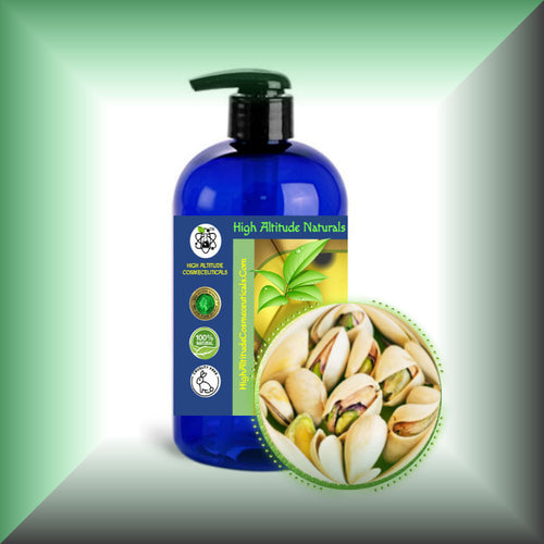 Pistachio Oil for Face, Skin, Hair & Massage in a 16 fl oz bottle with pump dispenser.