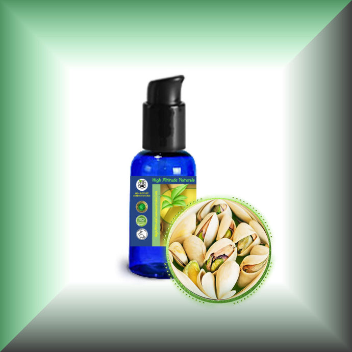 Pistachio Oil for Face, Skin, Hair & Massage in a 1 fl oz bottle with pump dispenser.