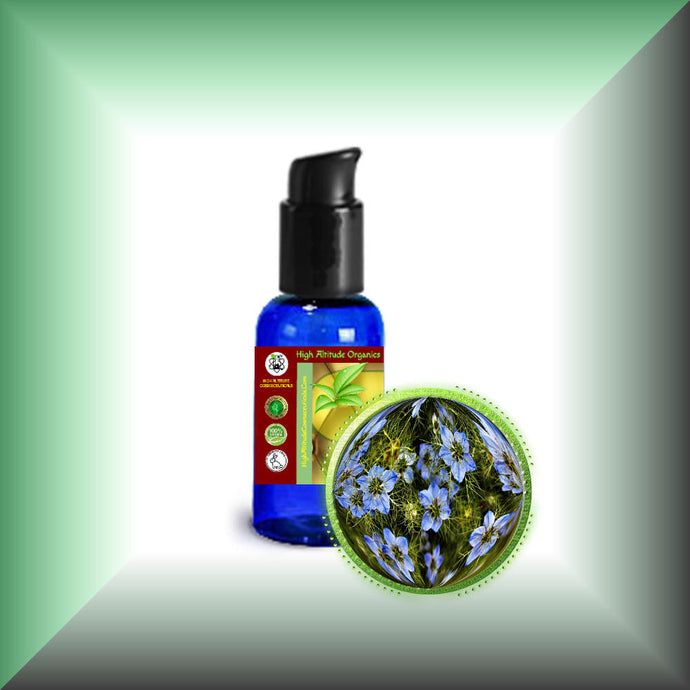 Black Cumin Seed Oil for Face, Skin, Hair & Scalp - Virgin, Unrefined in 1 fl oz bottle with pump.