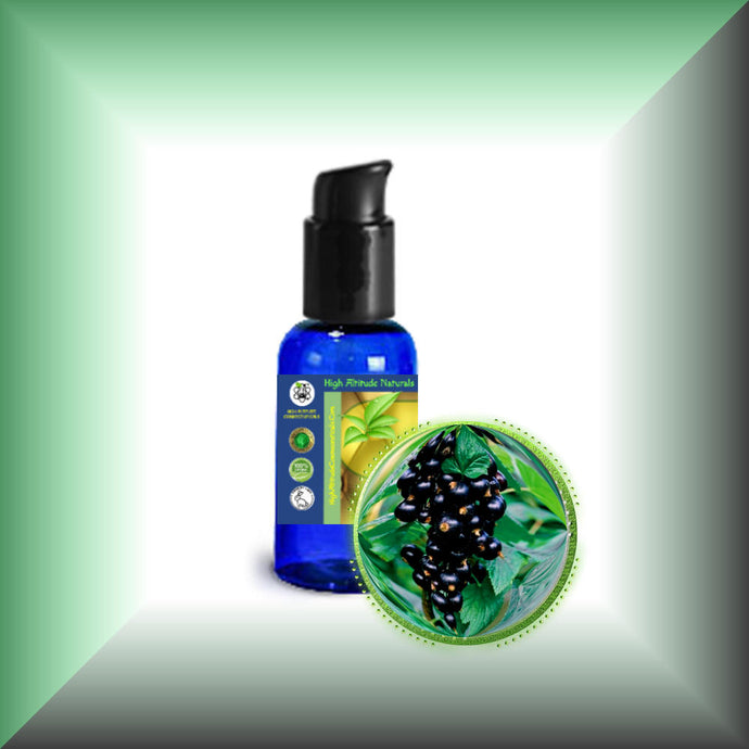 Black Currant Seed Oil for Face, Dry Skin, Hair & Scalp in a 1 fl oz bottle with pump.