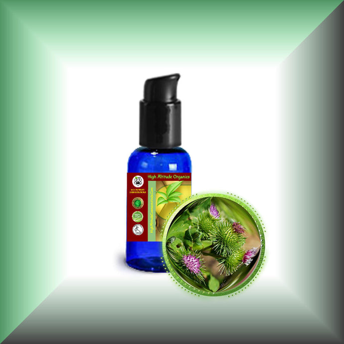 Burdock Root Oil Extract for Hair, Scalp & Dry Skin in a 1 fl oz bottle  with pump dispenser.