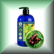 A 16 fl oz bottle with pump, filled with  Cherry Kernel Oil by HIGH ALTITUDE NATURALS, with an image of cherry blossoms and fruits on the label, indicating the natural ingredient of the oil.