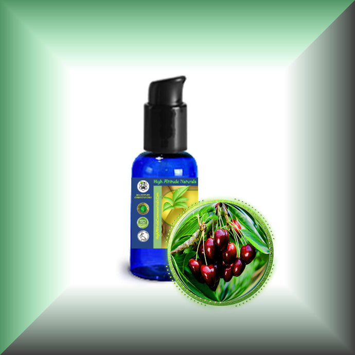 Cherry Kernel Oil for Face, Dry Skin, Hair & Massage in a 1 fl oz bottle with pump.