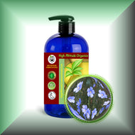 A bottle of HIGH ALTITUDE ORGANICS Flax Seed Oil  in a 16 fl oz bottle with pump, with a label showing the brand logo, product name, and a close-up of flax seeds. The background is white with a green and yellow accent.