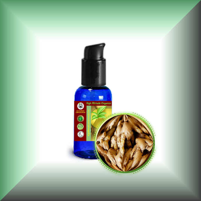 Ginger Root Infused Oil for Warming Massage, Body & Hair in a 1 fl oz bottle with pump dispenser.