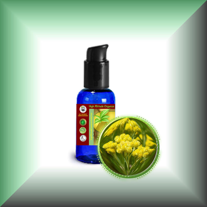 Immortelle Helichrysum Oil for Face, Mature Skin & Hair in a 1 fl oz bottle with pump dispenser.