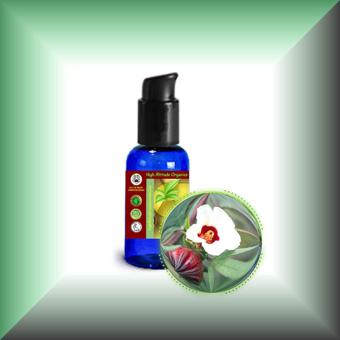 Hibiscus (Hibiscus Sabdariffa) Seed Oil for Skin, Hair, Virgin, in a 1 fl oz bottle with pump.