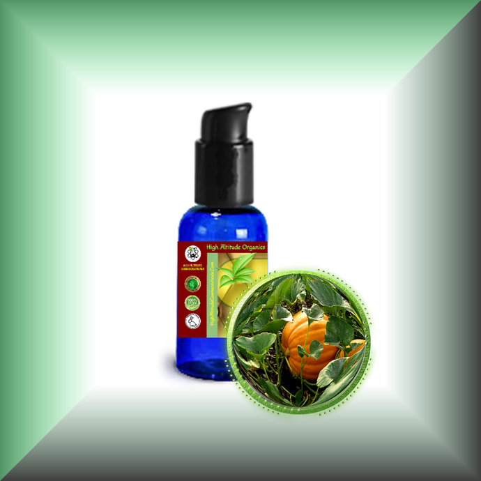 Pumpkin Seed Oil for Face, Skin, Hair & Scalp - Virgin in a 1 fl oz bottle with pump dispenser.