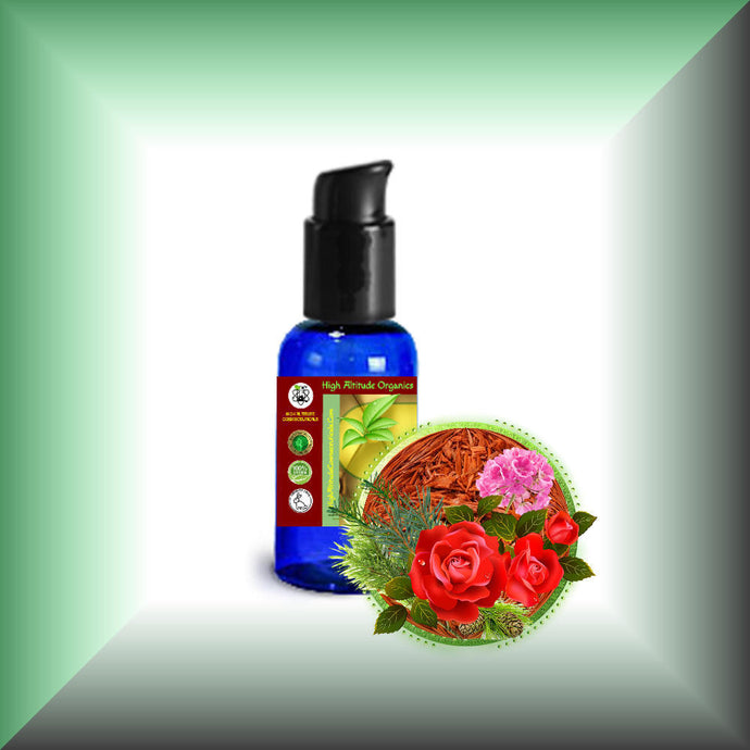 Rose Sandalwood Body Massage Oil for Aromatherapy & Relaxation in a 1 fl oz bottle with pump dispenser.