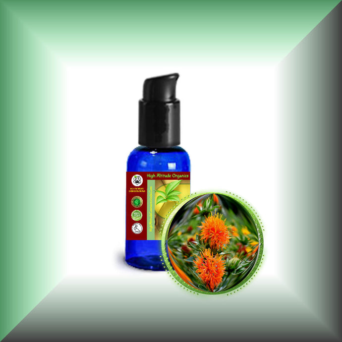 Safflower Oil for Face, Skin, Hair & Massage - High-Oleic, in a 1 fl oz bottle with pump dispenser.