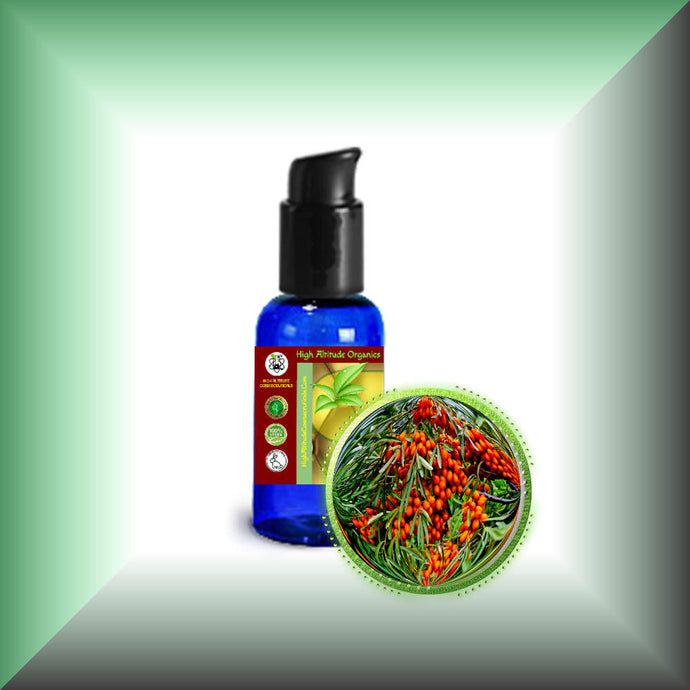 Sea Buckthorn Berry Oil for Face, Skin & Hair - Virgin, in a 1 fl oz bottle with pump dispenser.