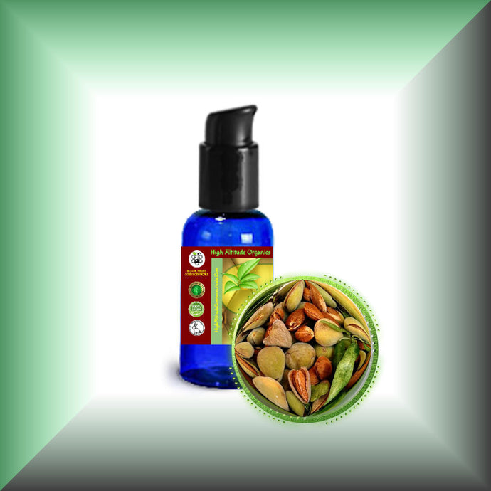 Virgin Sweet Almond Oil for Face, Skin, Hair, Body & Massage in a 1 fl oz bottle with pump.