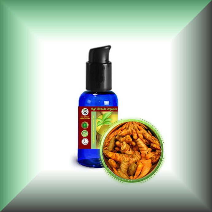 Turmeric Root Oil Extract for Face, Skin, Hair & Massage in a 1 fl oz bottle with pump dispenser.